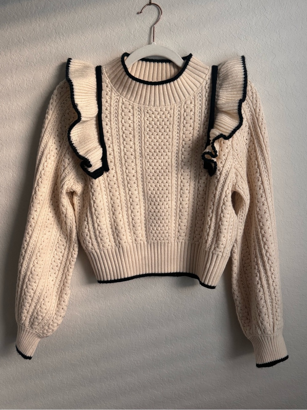Mable | Cream Cable Knit Ruffle Trim Sweater - Picture 1 of 9